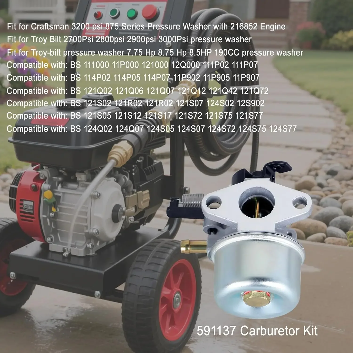 For 591137 Carburetor Kit Replacement for Troy-Bilt 2700 2800 2900 3000PSI Pressure Washer Part, Fit for 7.75 8.5HP 8.75HP 190CC