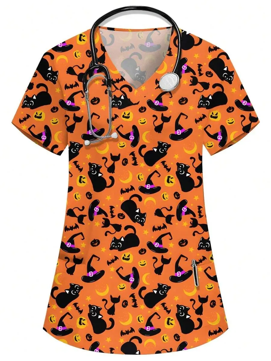 2026 New Halloween Pumpkin Head Nurse Uniform Top, Fashionable V-Neck Pocket Workwear, Medical Women's Uniform