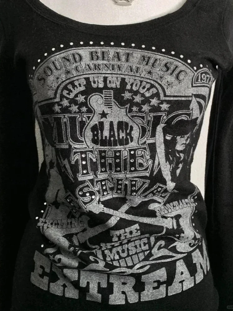 Jmprs Harajuku Gothic Black T Shirts Women Long Sleeve Vintage Y2K Tops Dark Academic Female Casual O Neck Slim American Tees