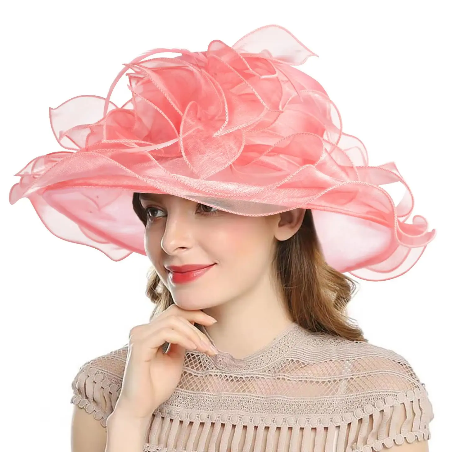 

2025 New Pink Organza Derby Hat for Women Luxury Women's Cap with Feathers Stylish Sun Beach Hat for Fashionable Dress Hat 3189