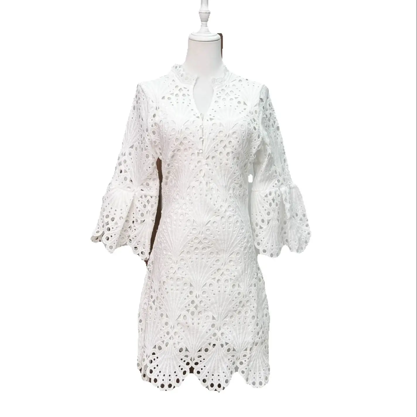 Women Sexy Long Sleeve White Elegant Evening Party Birthday Gown High-end Lace Cut-out Trim Wedding Cocktail Dresses Vestido