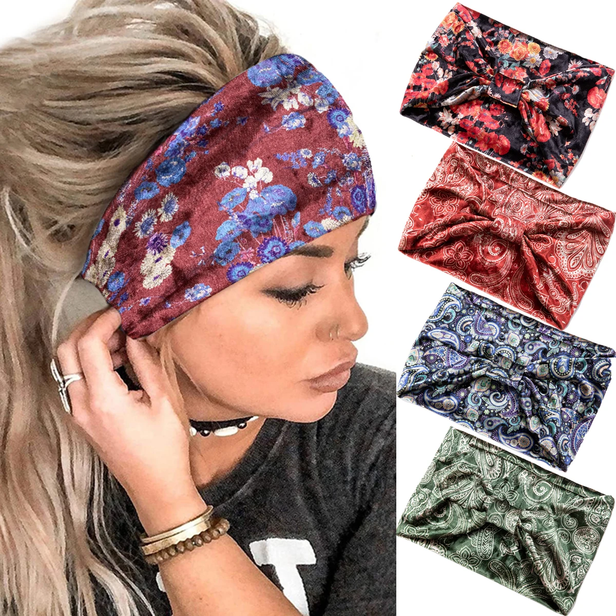 

Wide Headwraps Vintage Velvet Boho Knotted Elastic Headbands Yoga Running Sports Facial Flower Print Hair Bands For Women Girls