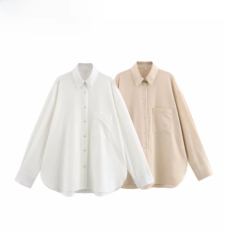 

ZBZA Spring New Women's Loose Long Sve irt Single ket Decoration Pure Color Commute Sle Polyester Fiber Casual irt