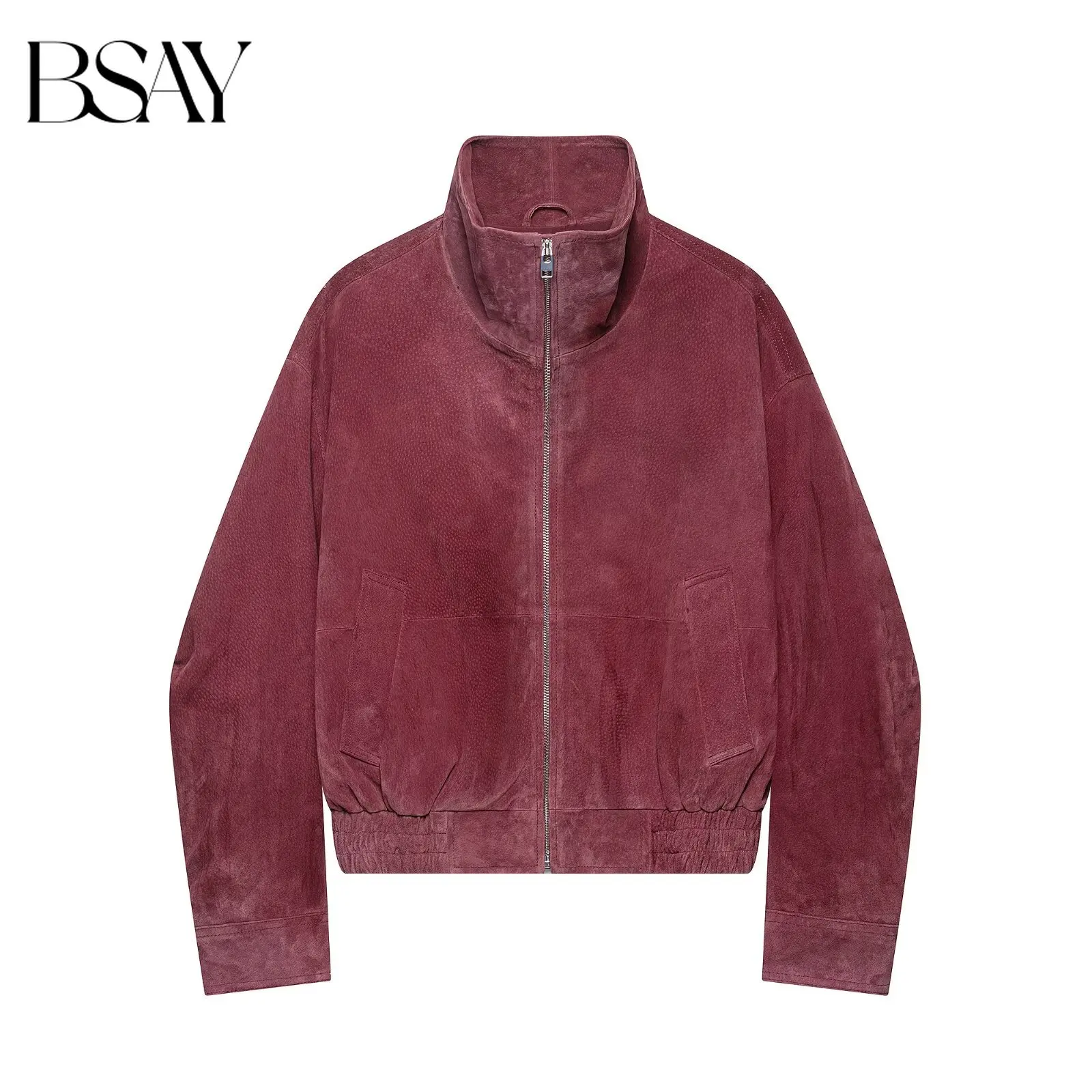 BSAY 2026 Autumn New Women Leather Bomber Jacket Stand Collar Full Zip Side Pockets Elastic Hem Long Sleeve Cropped Outerwear