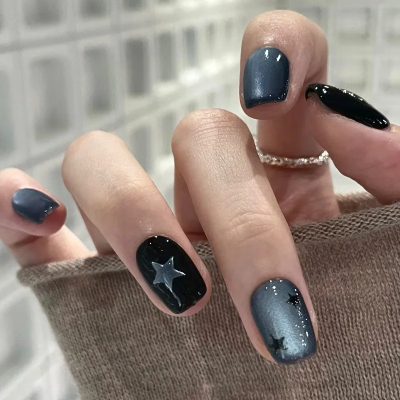

24pcs Short False Nails To Stick Cat-eye Black and Blue Gradient Nail Tips Self-adhesive Nails Press Ons Glued Nails with Tools