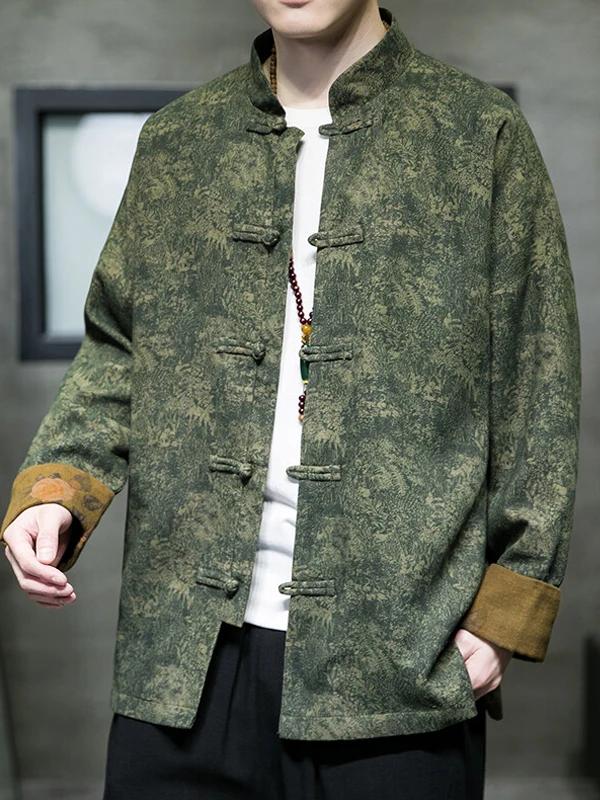 

Men's Casual Hanfu Jaet Autumn Season Floral Embroidery Stand Collar Oversize Cotton Long Sve Breathable Traditional Chi...