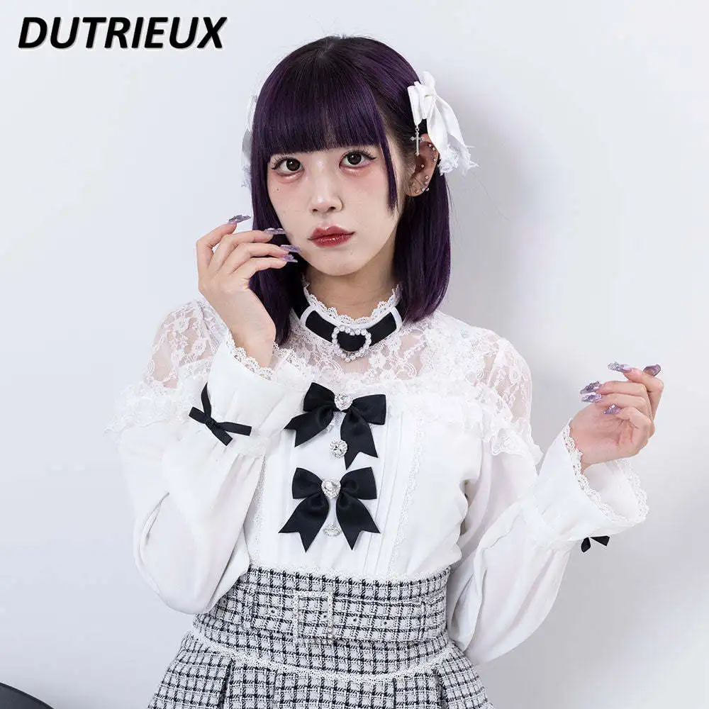 Japanese Mine Lolita Shirt Summer New Sweet Lace Hollow Out Heart Bow Tie Off Shoulder Long Sleeve Shirts Tops Blusa Feminina