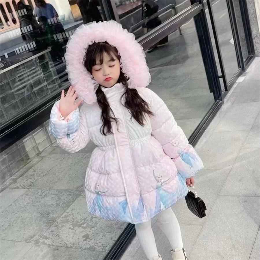 2024 New Girls Down Jacket Cute cartoon  Winter Warm Fashion Parka Coat Hooded Zipper Girls Outerwear Kids Clothes E3981