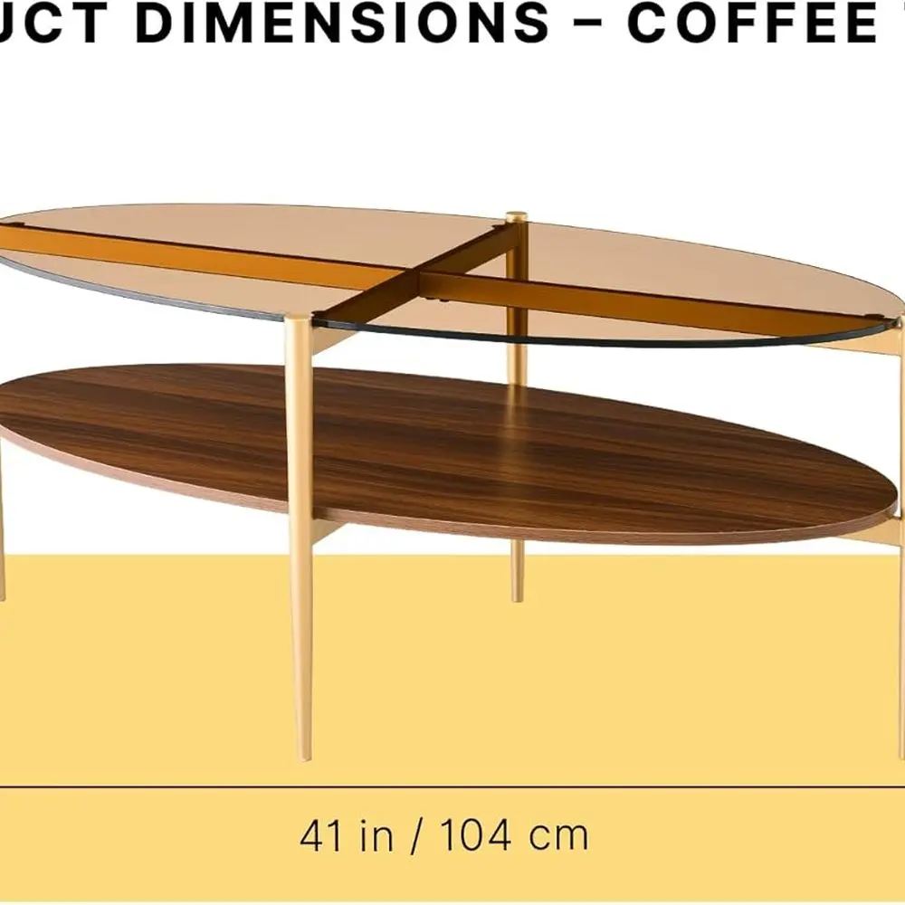 طاولة قهوة زجاجية بيضاوية الشكل من منتصف القرن بأرجل ذهبية وسطح كهرماني على رف الجوز #2