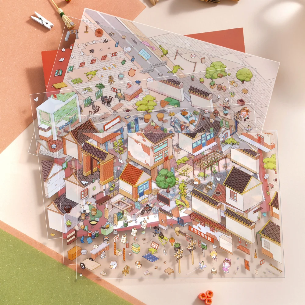 Card Lover 5 Pcs [Street View Series] Cottage Children's Hand Account Puzzle Large Size Landscape Stickers PET Material Kit