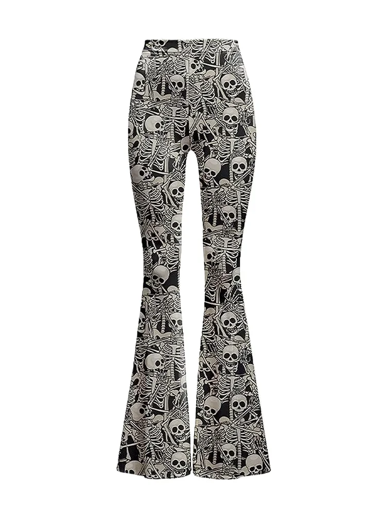 Edgy Punk Rock Flare Pants with Gothic Skull skeleton Print High Waisted Stretch Fit Trousers for Women Alternative Streetwear view 3