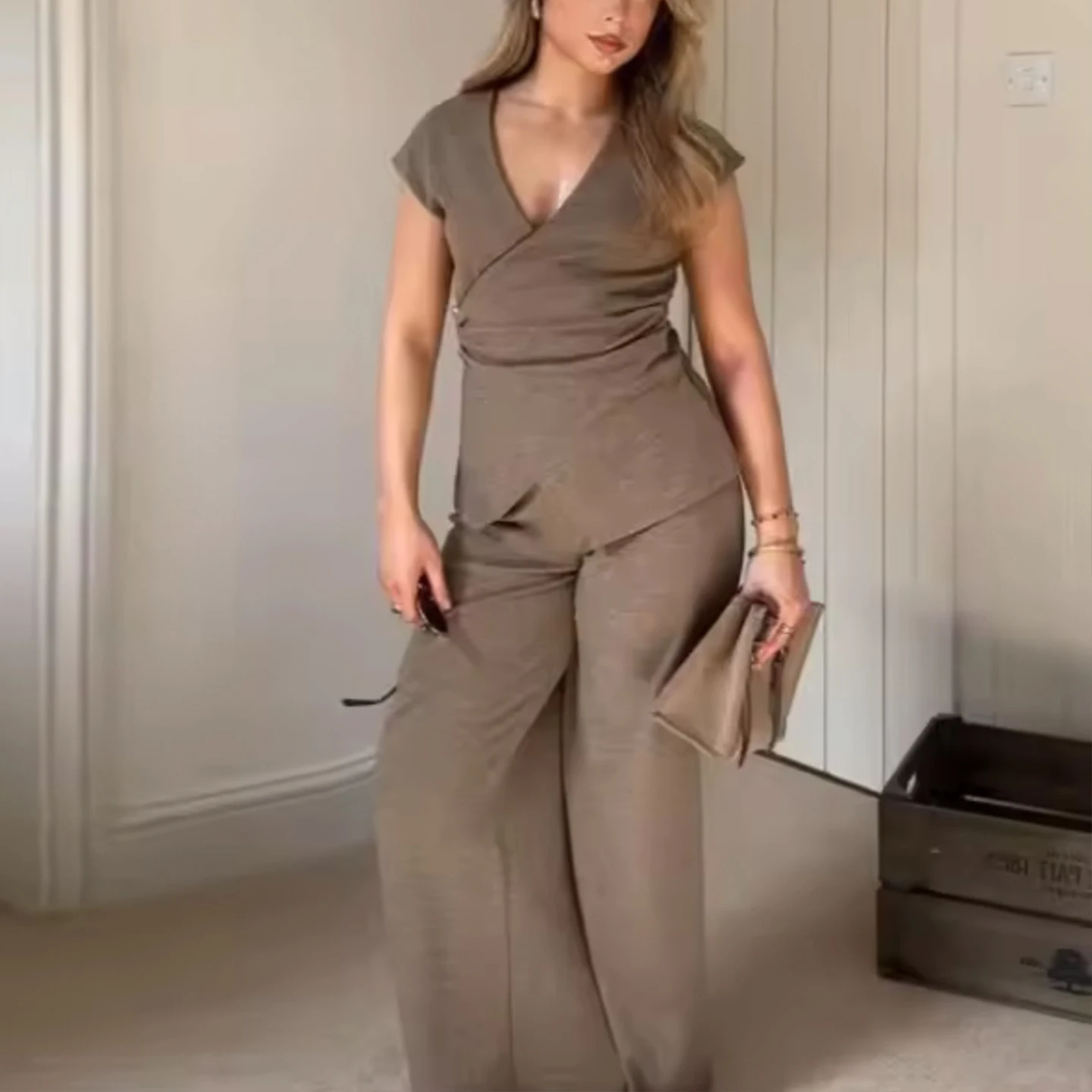 Women's Double-Breasted V-Ne Top And Long Pants Faion Set Summer 2025 Breathable Polyester Blend Comfortable Four-Season ...