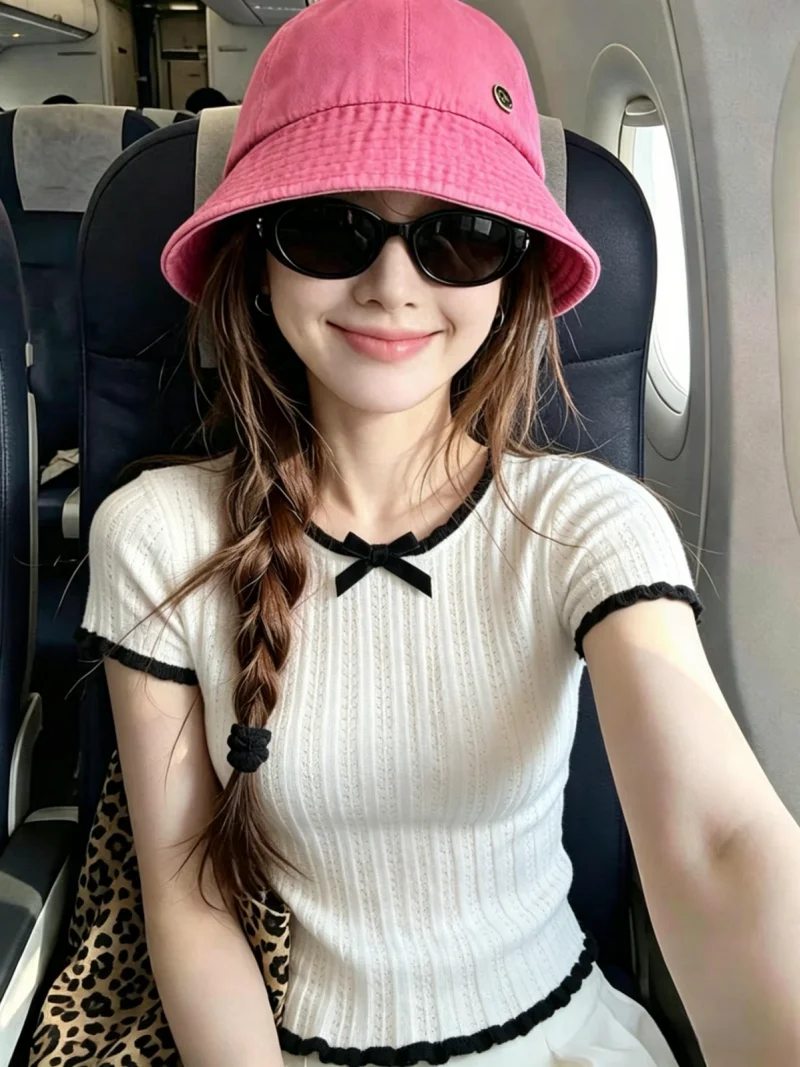 

Summer Short Sleeve Knitted Sweater Women's Self-Preserving Style Knot Hollow out Beautiful Versatile Top Korean Ve...