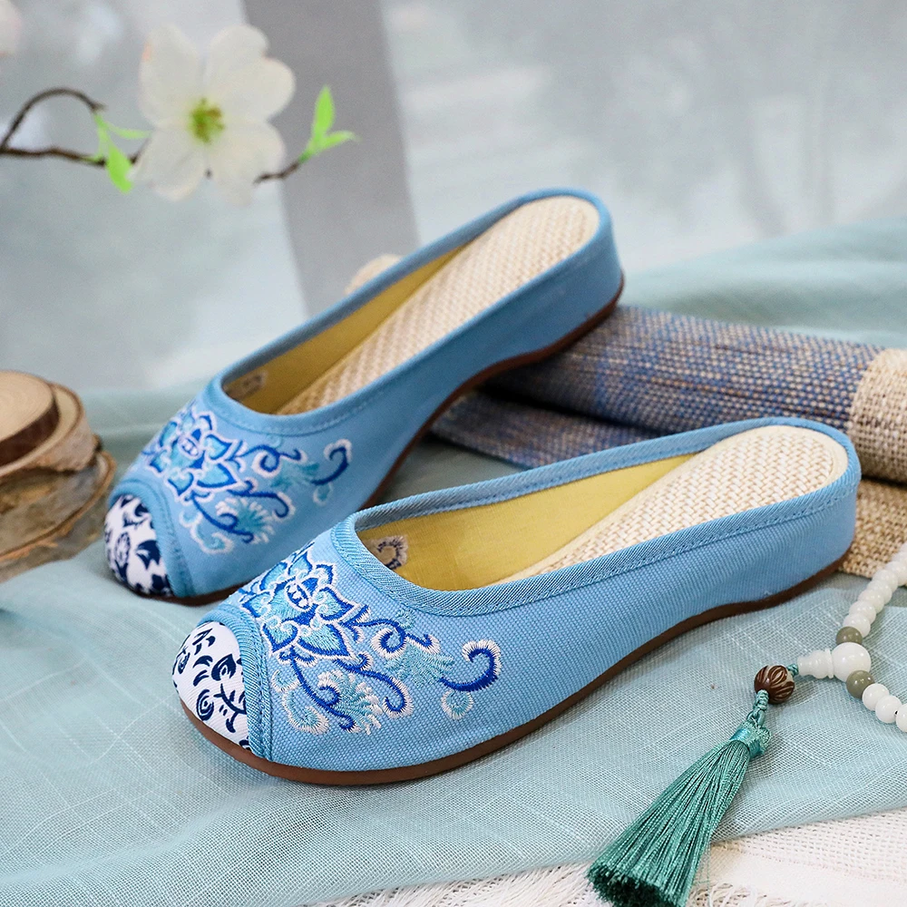 Veowalk Handmade Casual Chinese style Embroidery Slipper Old Peking National Cloth Shoes Vintage Women Breathable Summer Shoes