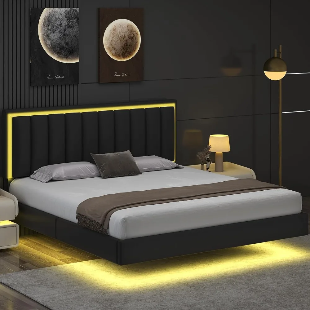 Marco de cama flotante King con luces LED, marco de cama King tapizado y cabecero, soporte de listones de madera maciza, sin somier