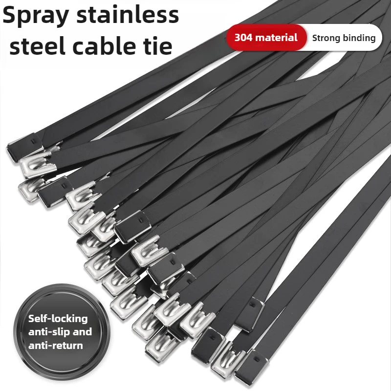 Black 304 spray coated stainless steel cable tie12mm self-locking cable tie, cable tray, metal cable tie for marine use