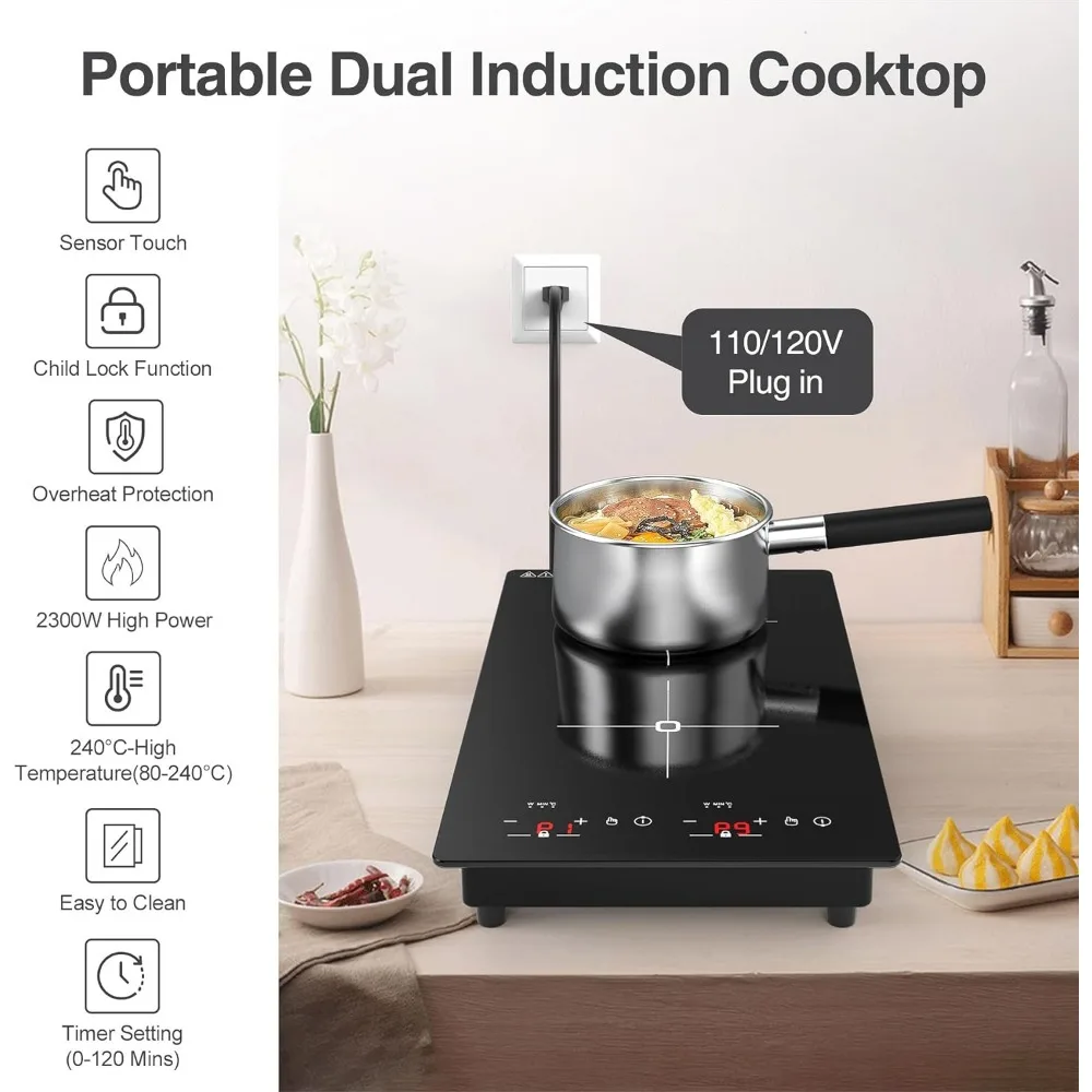 VBGK-Table de cuisson électrique à double induction, avec verrouillage de sécurité enfant et minuterie, 2 brûleurs, 2300W, 110V