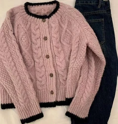 Chic Pink Knitted Cardigans Women Spring Autumn New Rose Single Breasted Long Sleeves Sweater Coats Gentle Elegant Warm Knitwear