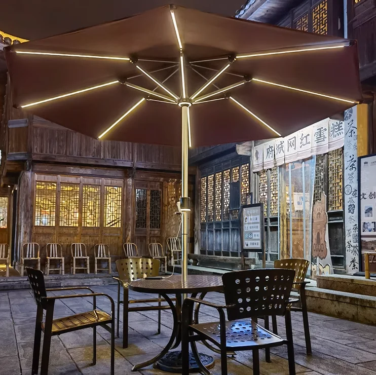 Solar Powered LED Lit Courtyard Market Crank Tilting Outdoor Garden Patio Umbrella