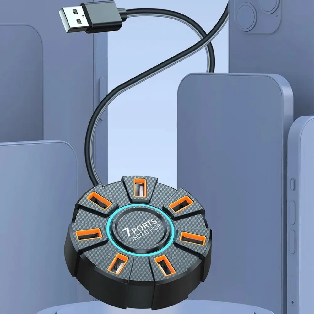RGB الخلفية 7 منافذ متعددة المتوسع تمديد عالية السرعة USB 2.0 Hub 1 في 7 USB الفاصل متعدد الفاصل محول مهايئ شاحن