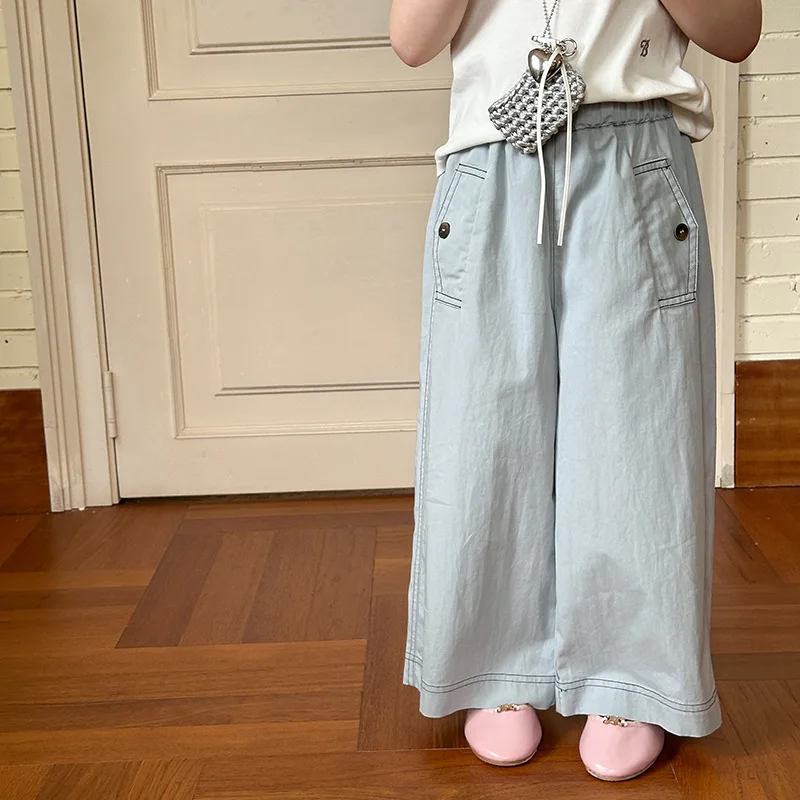 2025 New Children's Pants Korean Medium Sized Girls' Baby Stylish and Versatile Casual Water Washed Cotton Straight Leg Pants