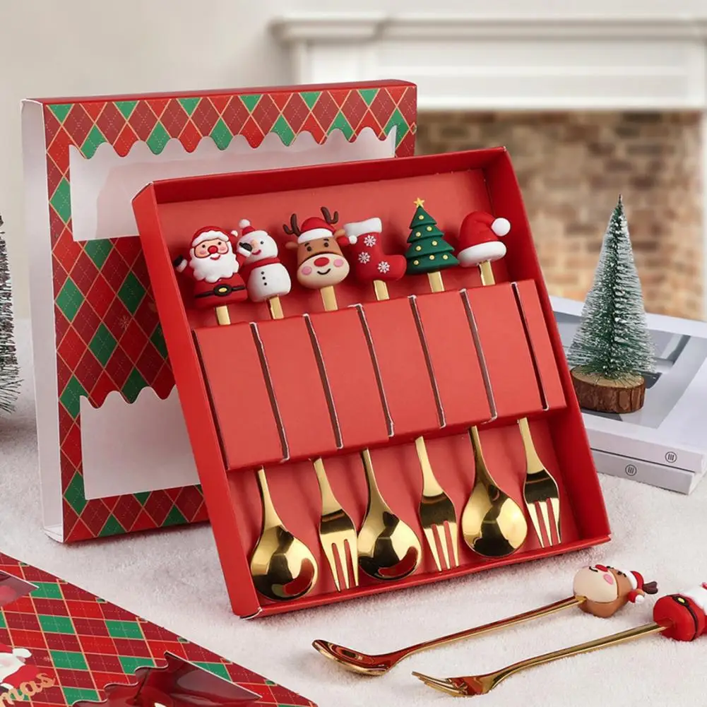 

6/4PCS Christmas Gift Glod Spoon Fork Set Elk Christmas Tree Decoration Dessert Scoop Fruit Fork Coffee Spoon Cutlery Set Gift