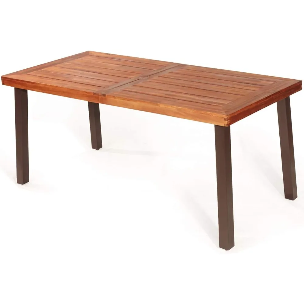 

Patio Dining Table with Umbrella Hole, Outdoor Picnic Table for Backyard, Garden, Lawn, Farmhouse, Acacia Wood Rectangular Tabl