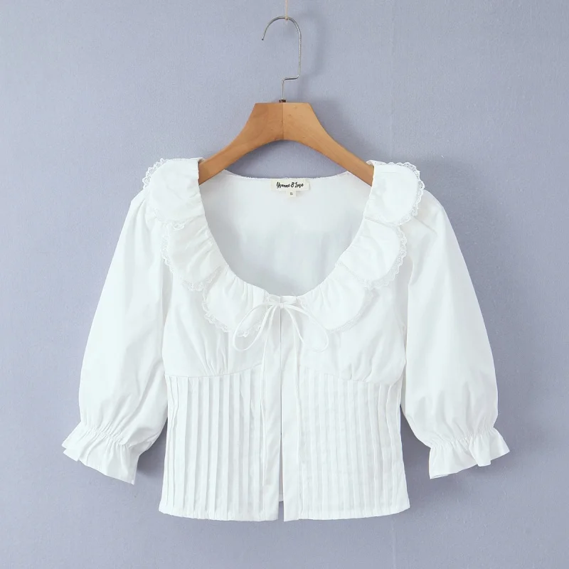 

Белая кружевная блузка с пышными рукавами, винтажным квадратным воротником, приталенная, для милых девушек, модная, дышащая, женская