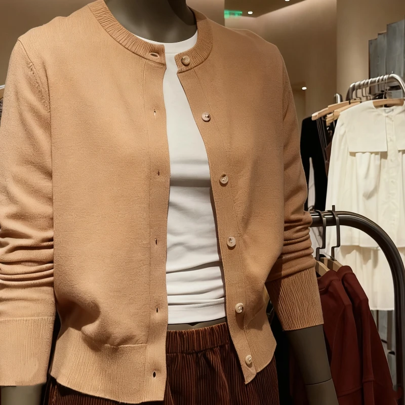 เสื้อโค้ทถักไหมพรมแขนยาวทรงเข้ารูป คอทรงกลม สีพื้น สำหรับผู้หญิง สไตล์ลำลอง เหมาะสำหรับใส่ในฤดูใบไม้ร่วงและฤดูหนาว