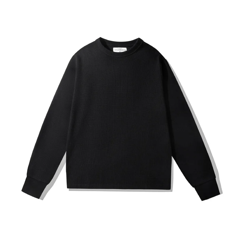 Heavyweight American retro waffle Henry collar long-sleeved T-shirt men's solid color casual inner layering top