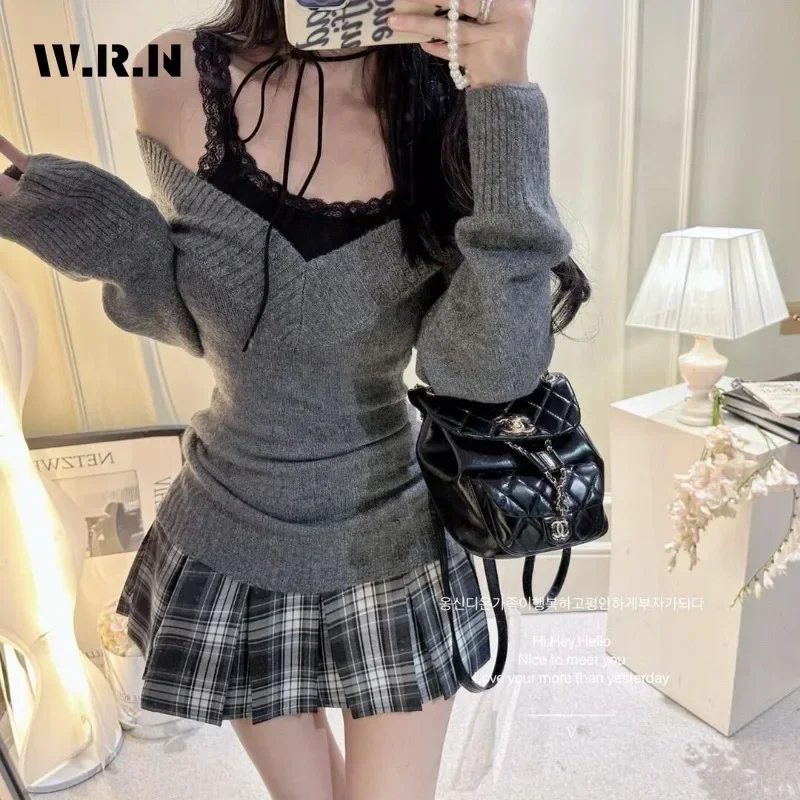 

2025 Autumn Hotsweet Sexy Style 2 Piece Set Women Lace Patchwork Knitted Top + Plaid Pleated Skirt Sweet Two Piece Skirt Set