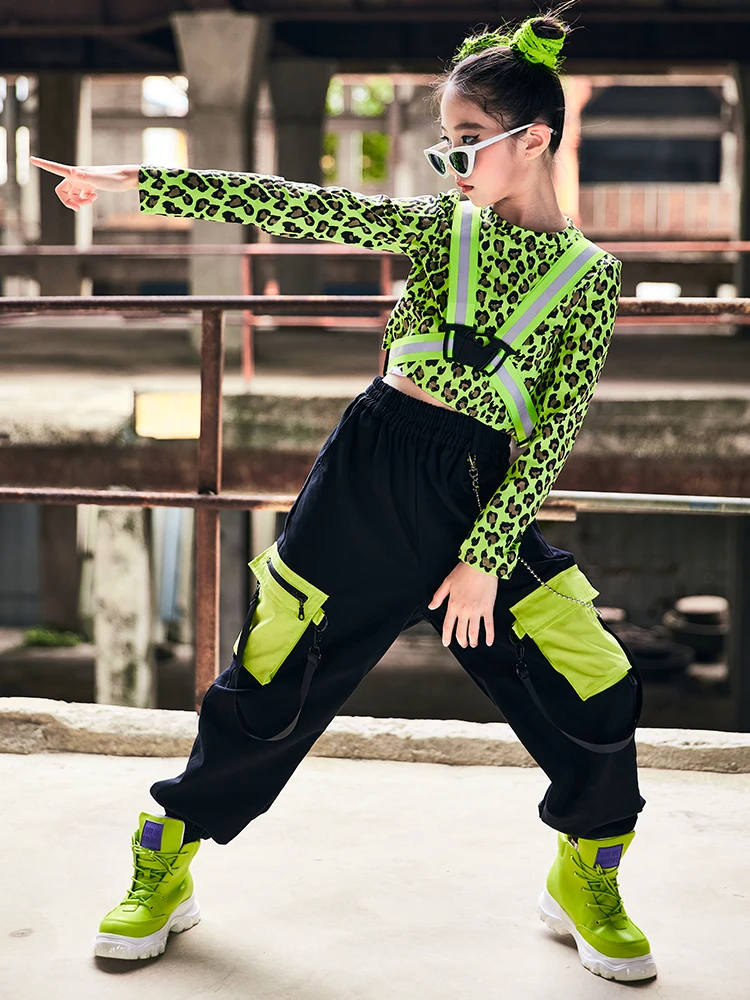 Ropa de baile callejero para niños, traje de Jazz, ropa de rendimiento Rave, disfraces de baile de Hip Hop, Tops verdes, pantalones Cargo con cinta reflectante