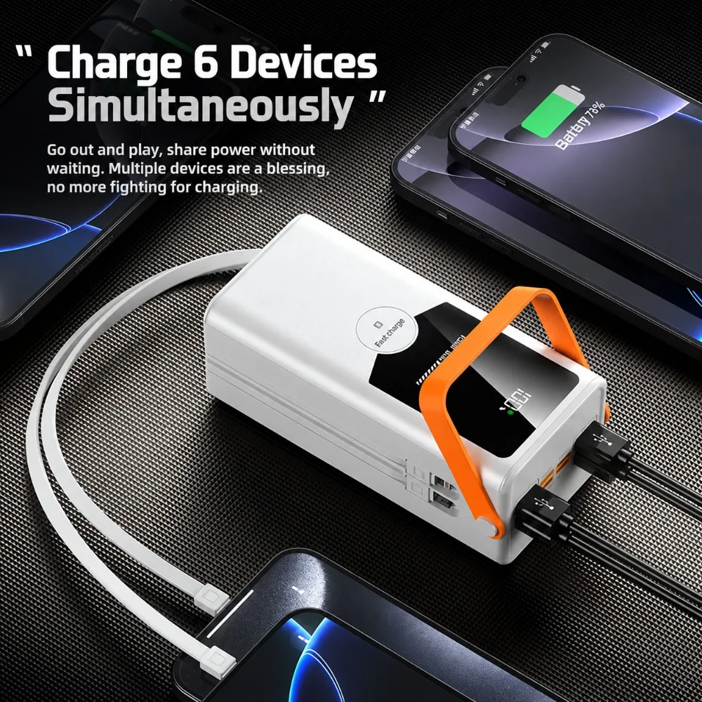 100000mAh Large Capacity Power Bank 22.5W Super Fast Charging, Built-in Dual Cables Portable External Battery for Smartphones