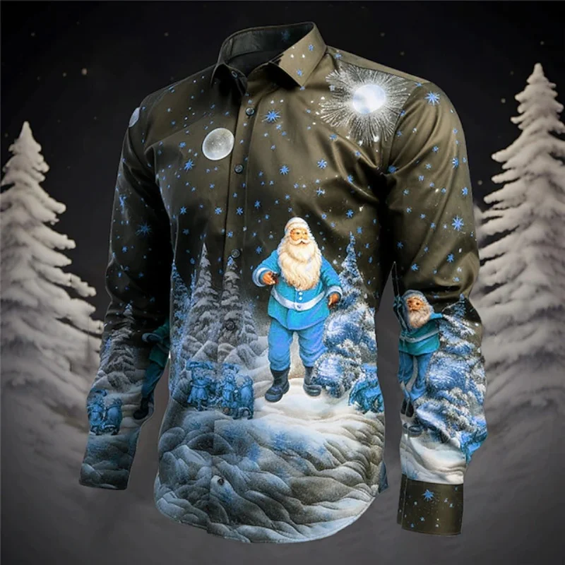 Men's shirt retro Christmas themed printed men's long sleeved shirt Christmas collar shirt 3D printed casual long sleeved shirt