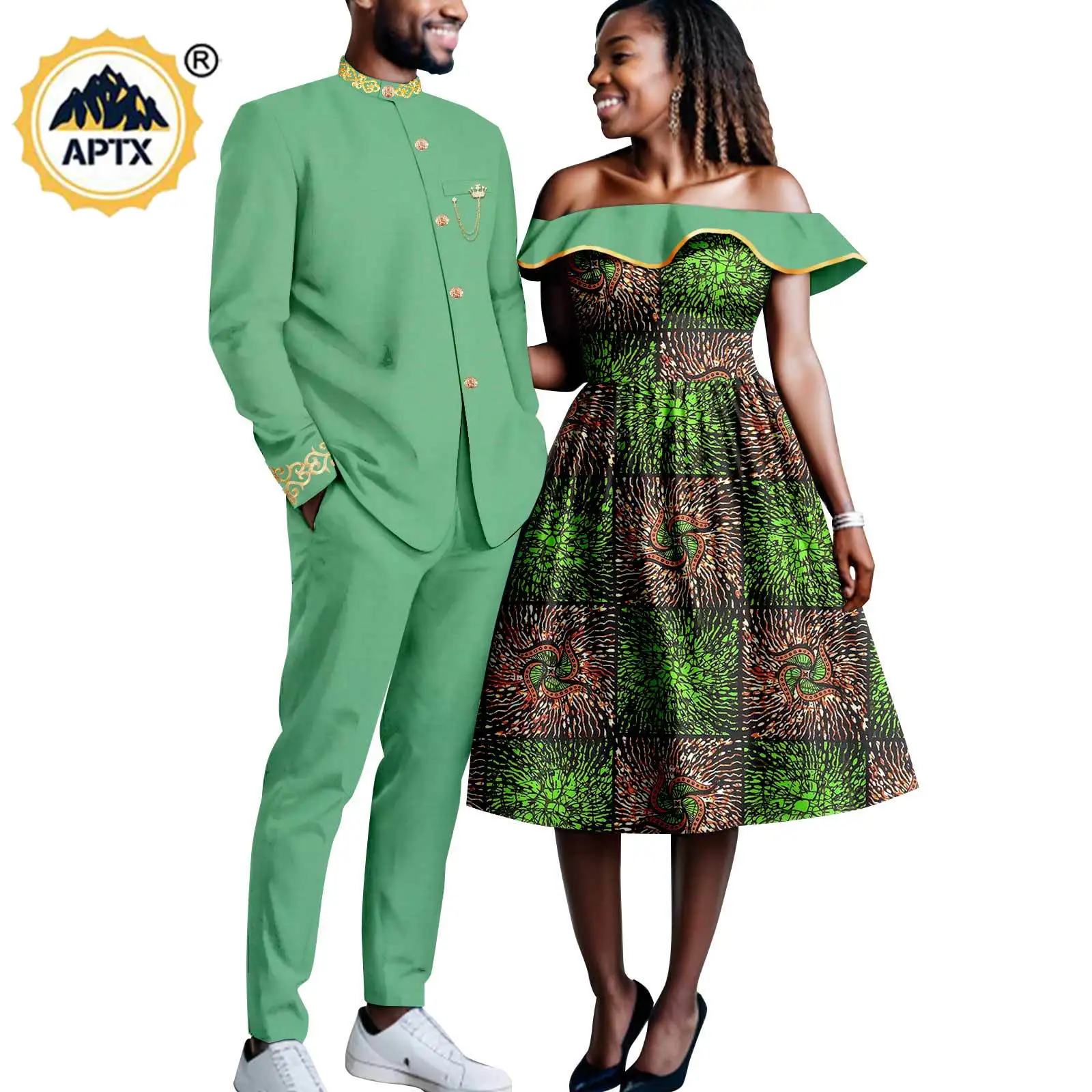 

Africa Clothing Matching Couple Outfits Bazin Riche Men Jackets and Pant Sets Dashiki Women Ruffles Dresses for Wedding Y23C103