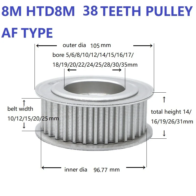 HTD8M Belt Pulley 8M 38Teeth Belt Wheel Timing Pulley Aluminum Alloy Timing Belt Pulley For Belt Width 10 12 15 20 25mm