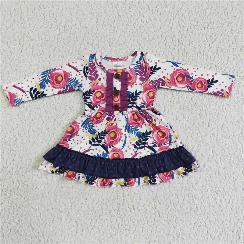 Wholesale Girls Autumn And Winter Long-Sleeved Dress Multi-Element Pattern Flower Color Bright Stitching Ruffle