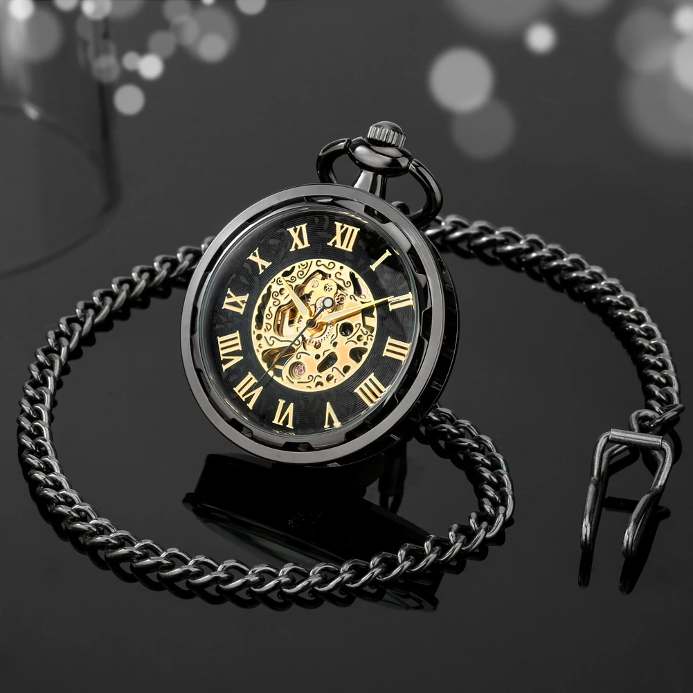 Reloj de bolsillo mecánico para hombre, pulsera de mano con esfera abierta y números romanos, elegante, a la moda, Manual, antiguo, regalo