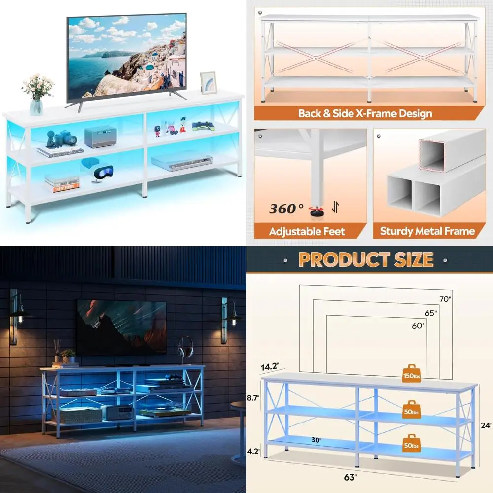 Entertainment Center for 70 Inch TVs, 63 LED TV Media Console with 3-Tier Storage Shelves for Living Room