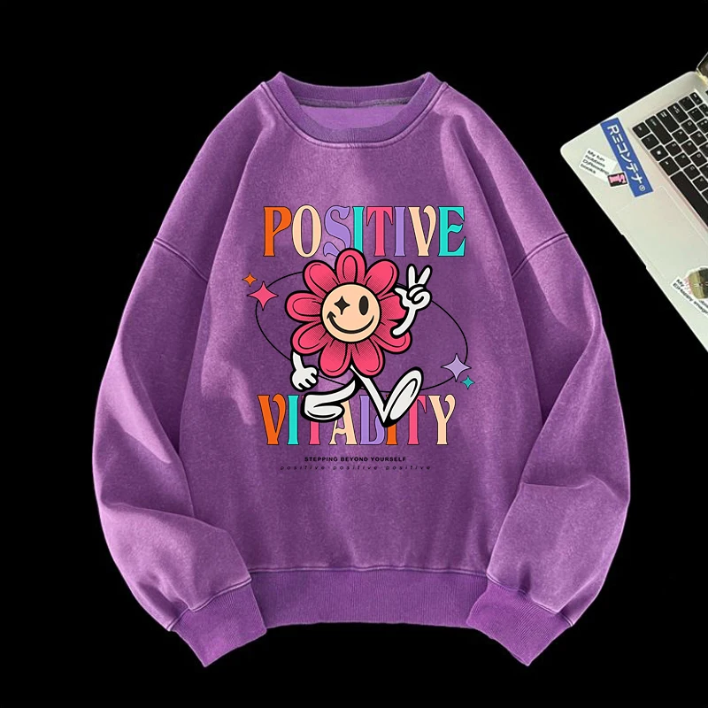 

Fashion Women Washed Sweatshirt Positive Vitality Letter Printed Hoodie Fleece Warm Oversize Pullover Vintage Acid Wash Clothes
