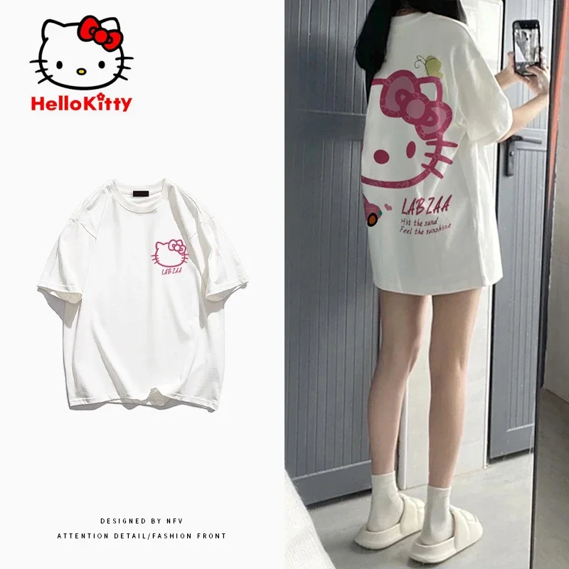 

Kawaii Sanrio Hello Kitty T-shirt Cotton Short Sleeve Bow Element Oversized Loose Anime Print T-shirt Cartoon Anime Girl Heart