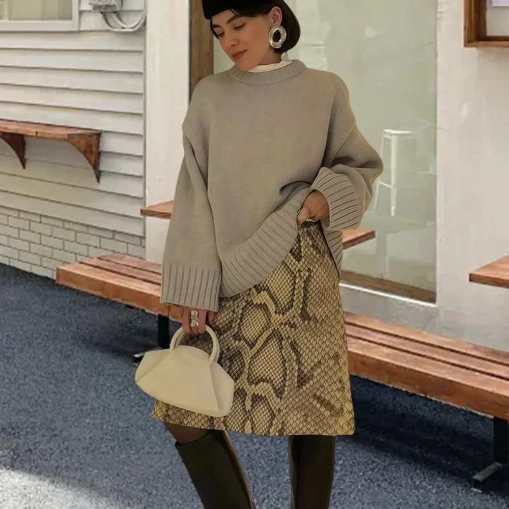 Slim Fit Leopard Straight Skirt Midi Length Serpentine Print High Waist Half Dress A Line Contrast Patchwork Women Long Skirt
