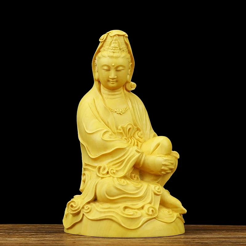 

5.5*5*9cm Handmade Boxwood Carving Buddhist Sitting Guanyin Statue Hand Piece Pocket Pieces Home/Office Putting Decorations