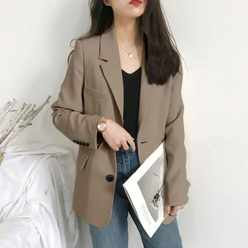 Elegant Women's Blazer Jacket Black Long Sleeve Button-Up Notch Lapel Office Jackets Woman Casual Solid Color with Pocket Blazer