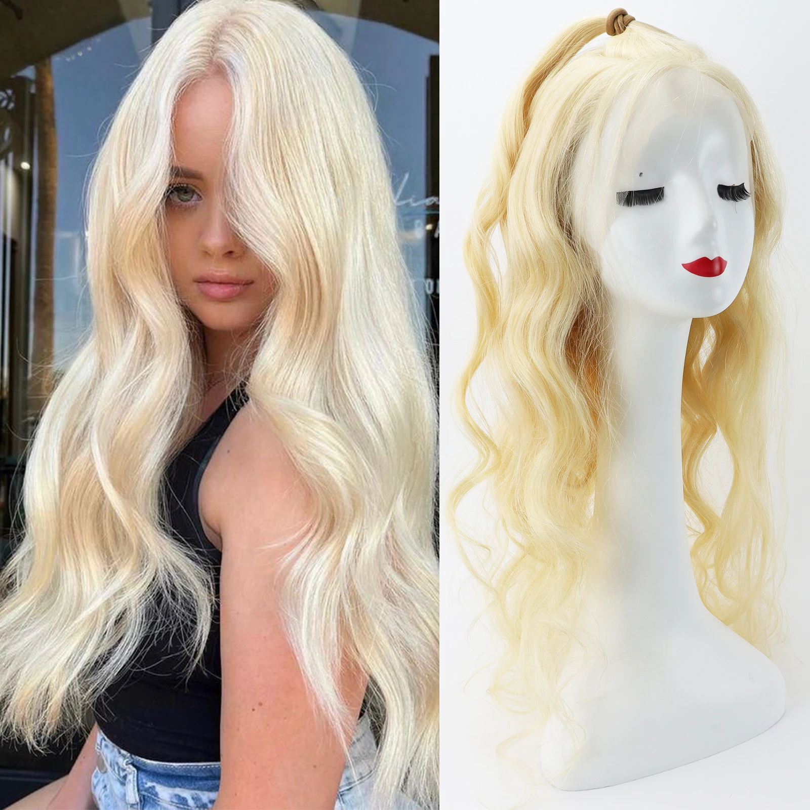 

Полный парик шнурка # 613 Светло-русые объемные волосы в европейском стиле с эластичной лентой, естественная линия роста волос, мягкие и дышащие для женщин