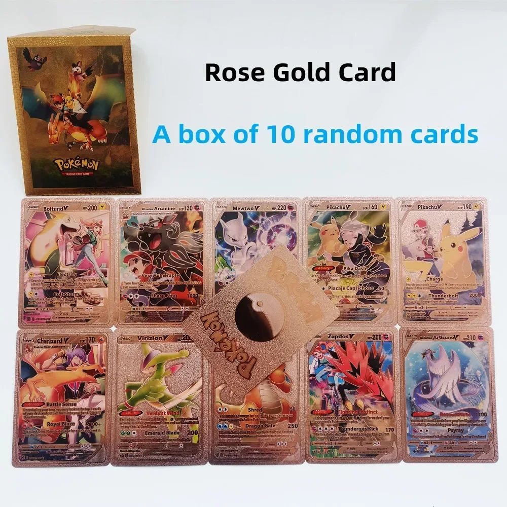 Pokemon Cards com Gold Foil Card, Vmax Vstar V Energy Card, Charizard, Pikachu Série rara, Treinador de batalha, Novo, 10Pcs, 2024