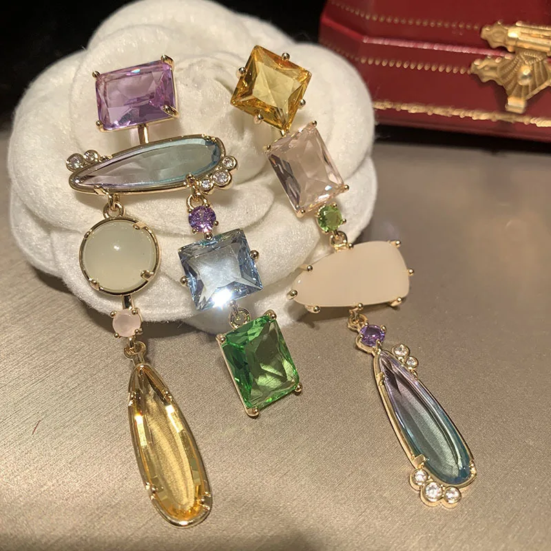 Women Colorful Crystal Earrings S925 Silver Needle Luxury Asymmetric Gradient Transparent Super Sparkling Drops