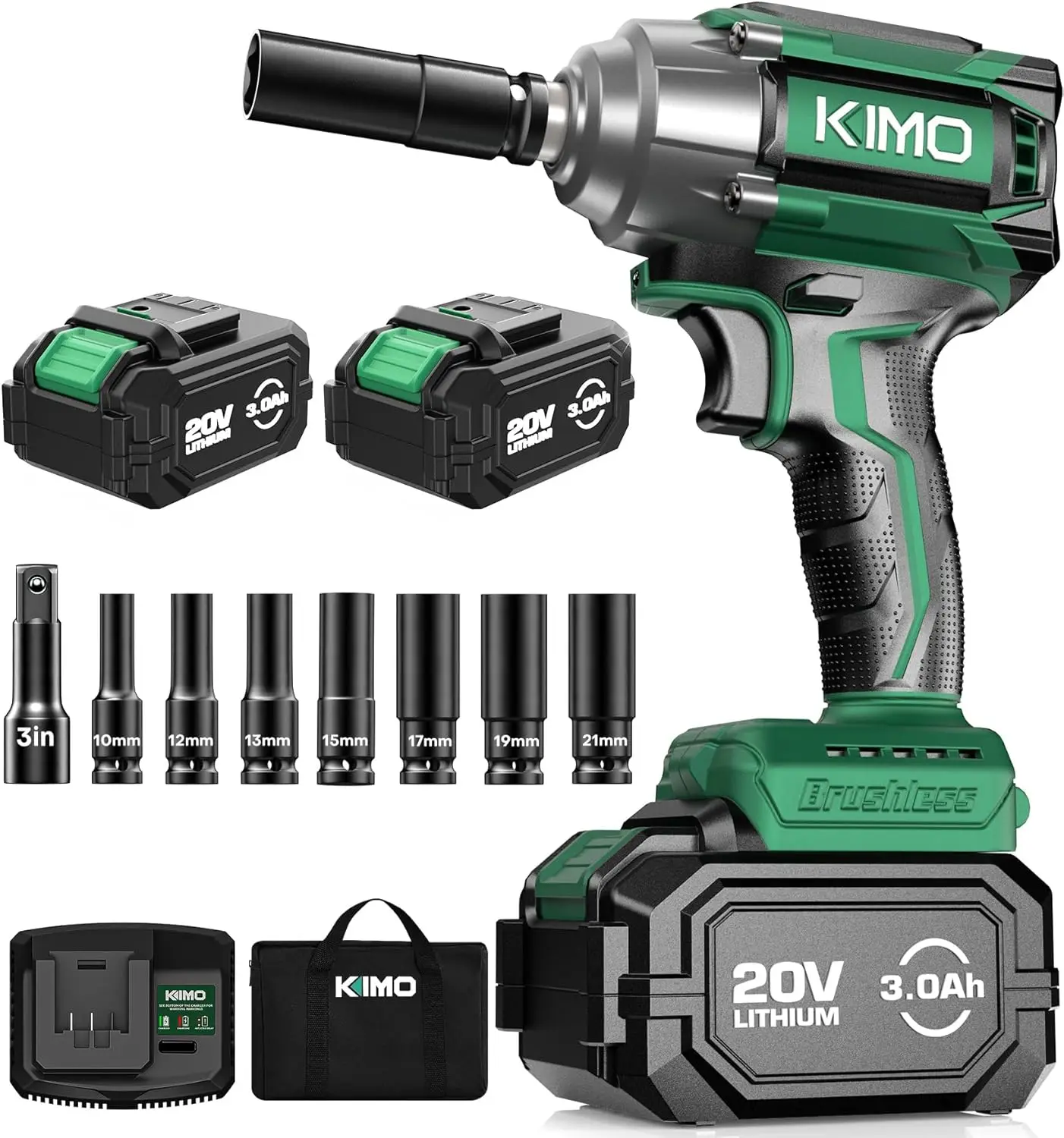 Kimo Impact Wrench 1/2 Cordless,550N.M/406Ft-Lbs Max Torque & 3000Rpm, 2X20V 3.0Ah Battery, Impact Gun With 7 Drive Impact