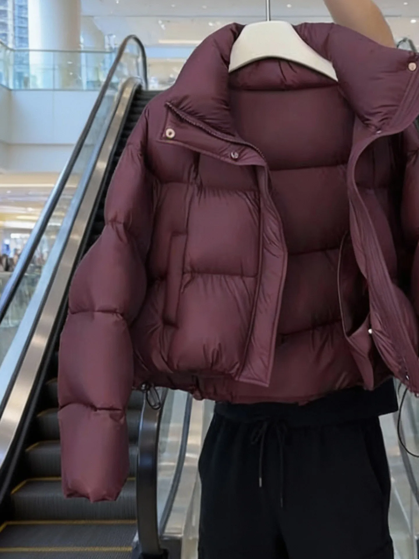 Sli ort Puffer Jaet Abrigo mullido rojo vino para mujer coreano Sle Commute Faion cintura alta largo Sve cremallera calidez