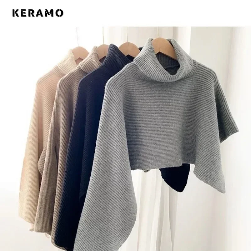 2024 Winter Vintage Casual Style Solid Color Knitwear Jacket For Women Chic Office Lady Capes Fashion Ponchos Knitting Coat